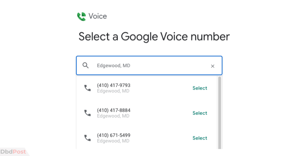 google voice number - select number