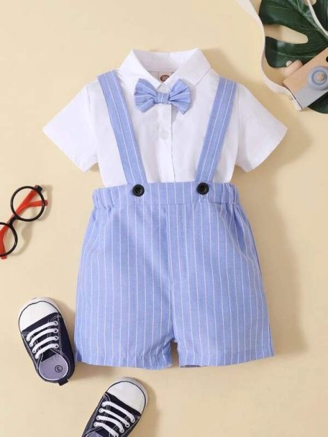 Baby Boy Bow Tie Shirt Bodysuit Stripe Suspender Shorts