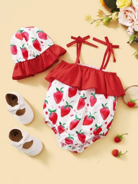 Baby Girl Strawberry Print Cami Bodysuit With Hat