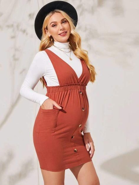 Maternity Frill Trim Buttoned Front Flap Pocket Side Dress