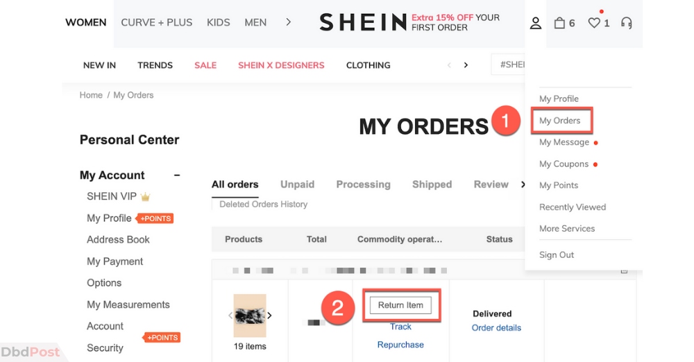 shein return policy - my orders and return