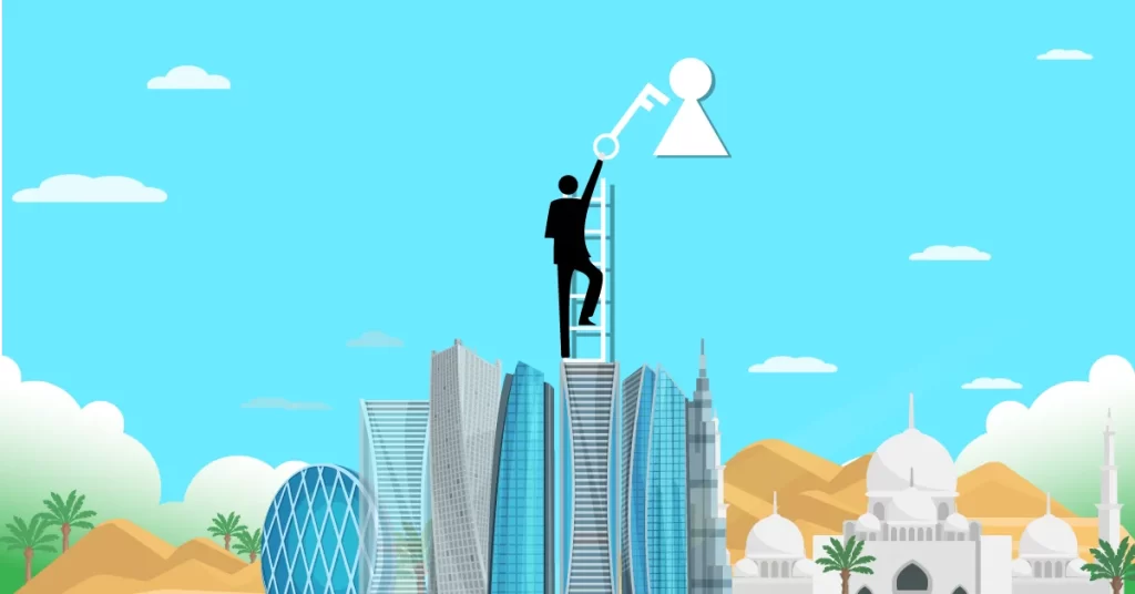 Feature Image-cluster-business uae-Person climbing a ladder with key to open new opportunities