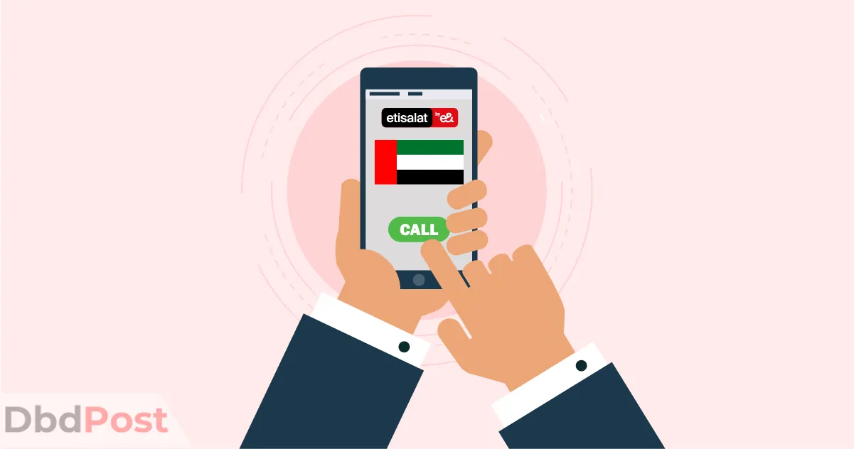 Feature image-etisalat international call offer-phone with etisalat logo and dubai flag with call option
