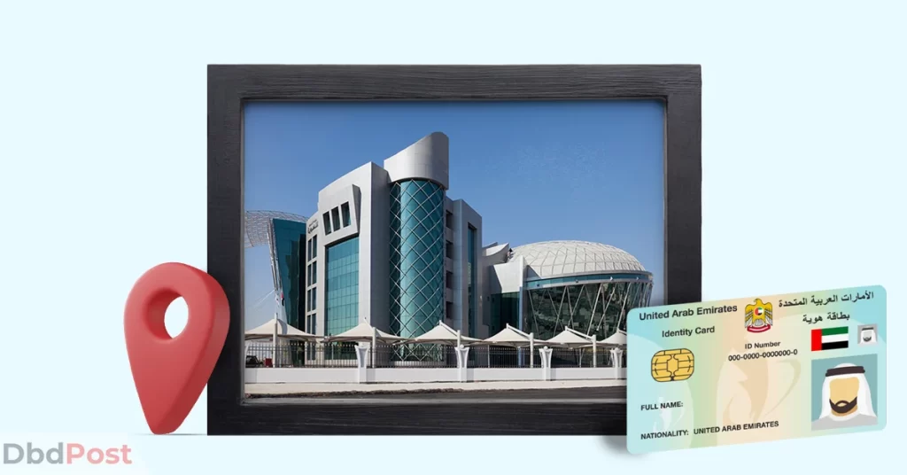 feature image-24 hours emirates id center in dubai-photo frame with emirates id building with id card and location icon on side