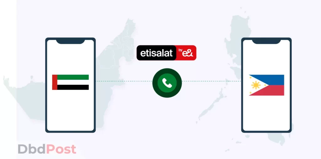 feature image-etisalat philippines calling offer from uae-phones with uae and philippines flag with call icon and etisalat logo at middle