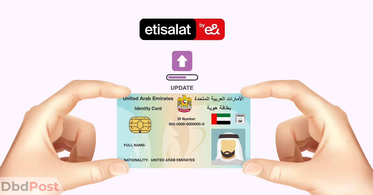 feature image how to update emirates id in etisalat hands holding ID with etisalat logo at top