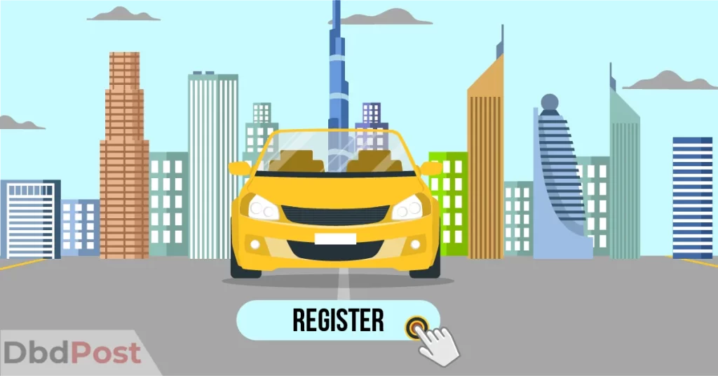 Feature Image-Car Registration in Dubai-Car with dubai background and register button at the bottom