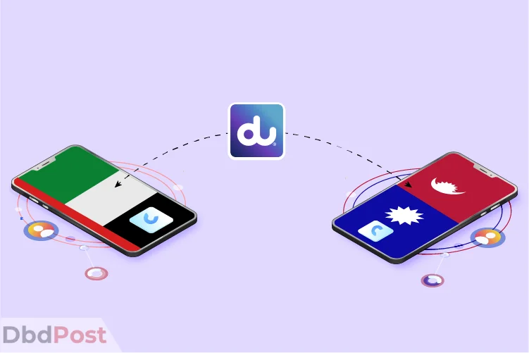 Feature Image-du nepal calling offer from uae-Nepal and uae flag interconnected with du logo at top right