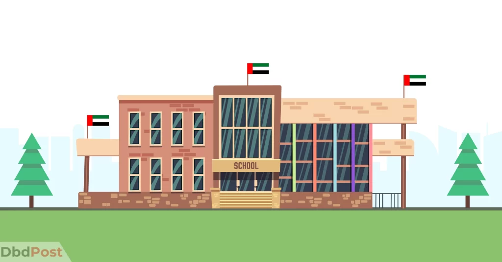 Feature Image-schools in dubai-School illustration with dubai flag on top of the building with dubai bg-02