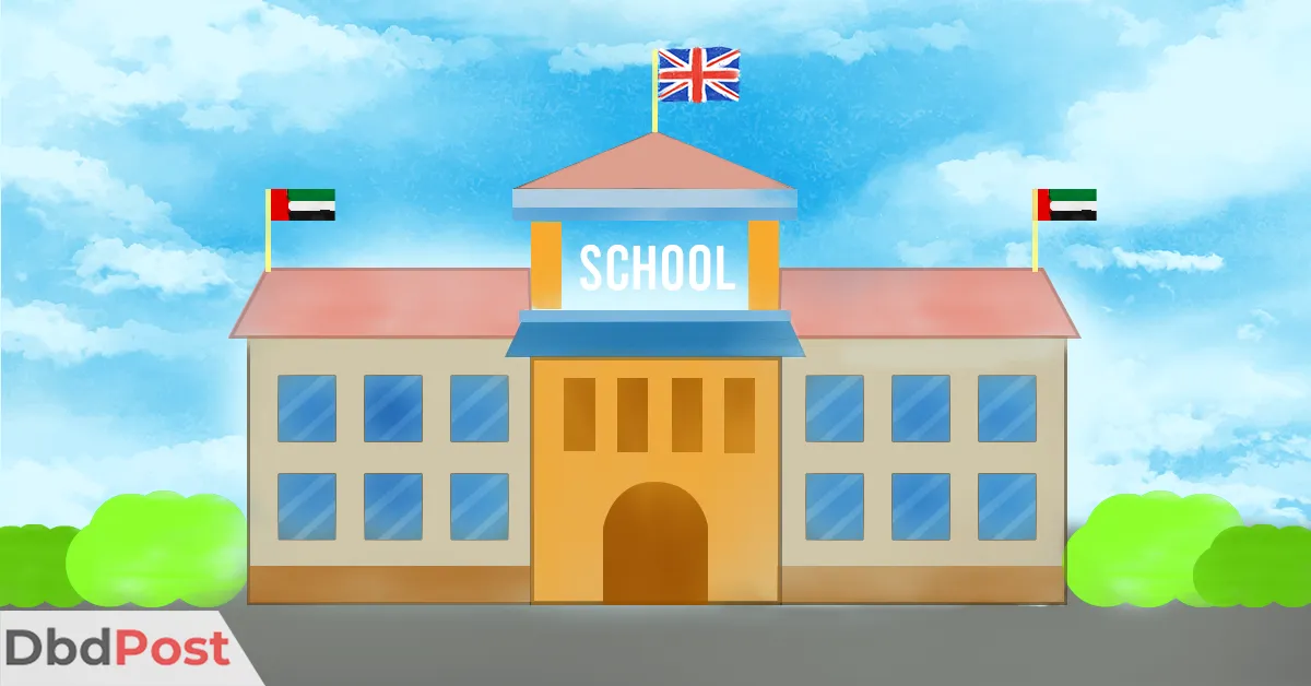 feature image-british schools in dubai-school illustration with british flag and uae flag