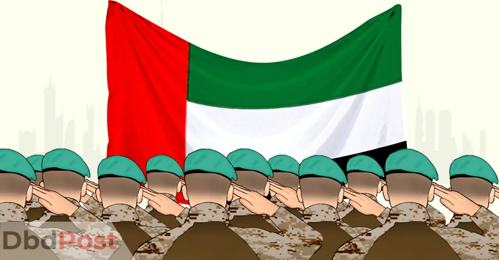 inarticle iamge-next holiday in uae-Soldiers salute, with UAE flag in the background