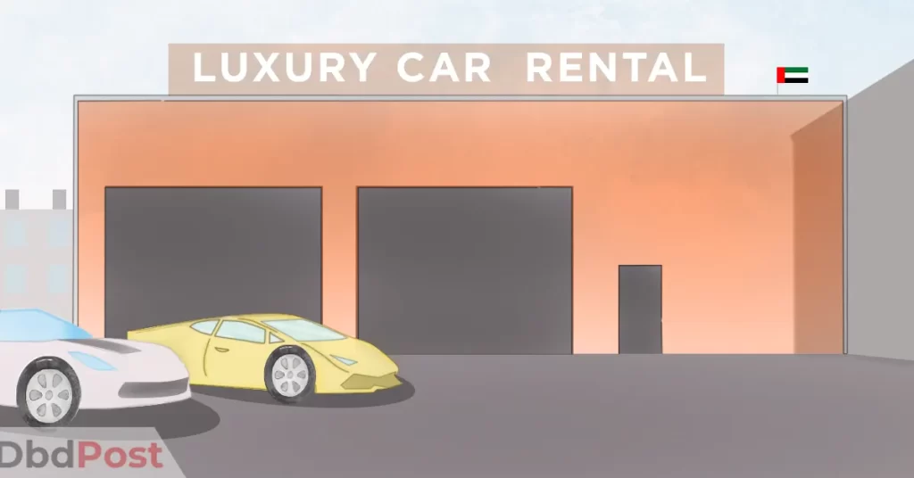 feature image-best luxury car rental in dubai-car rental building illustration with luxury cars at the side