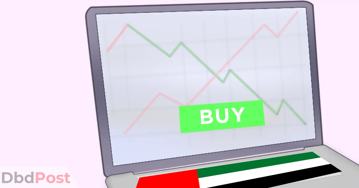 feature image-how to buy stocks in uae -laptop with stock and uae flag