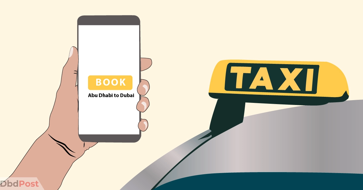feature image-taxi from abu dhabi to dubai-person holding a phone with taxi at the side-01