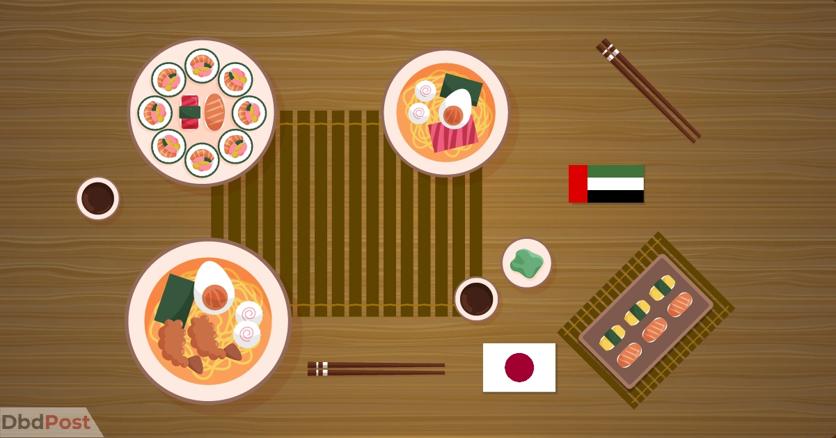feature image-best japanese restaurant in dubai-table with japanese food and flags-01