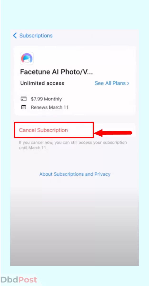 inarticle image-how to cancel facetune subscription_Cancelling Facetune subscription on iOS step 5