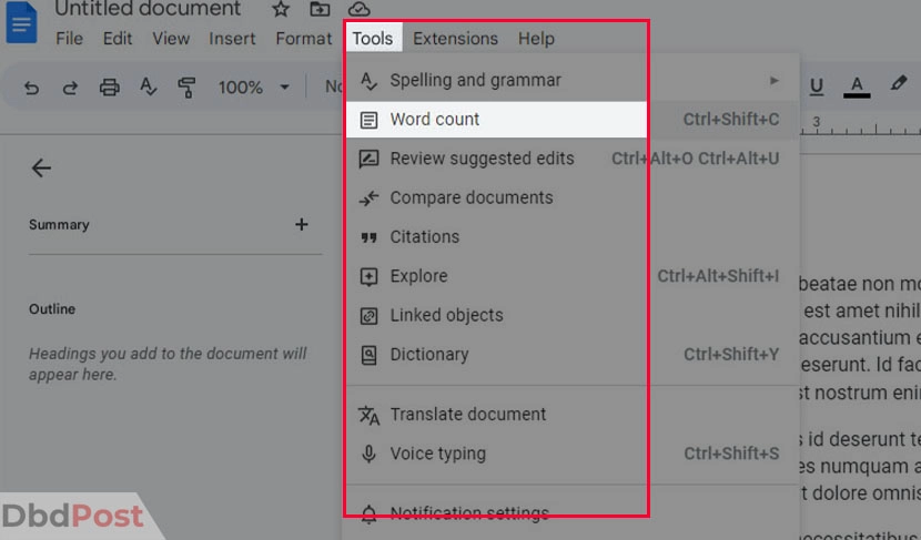 inarticle image-how to check word count on google docs-Checking character count step 4