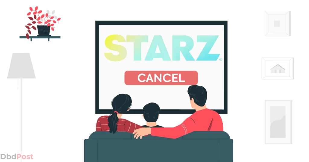 feature image-how to cancel starz -family watching tv with starz logo and cancel button-01
