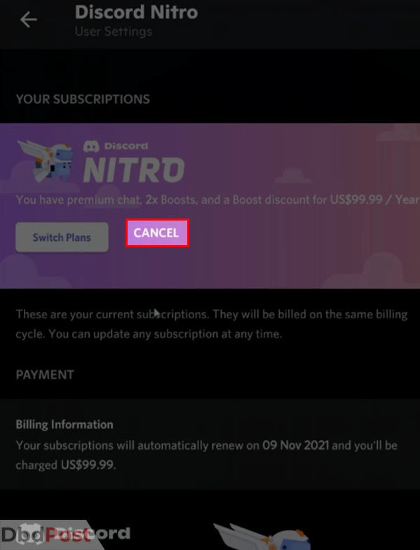 inarticle image-how to cancel discord nitro-Discord Nitro membership cancellation on the mobile app step 5
