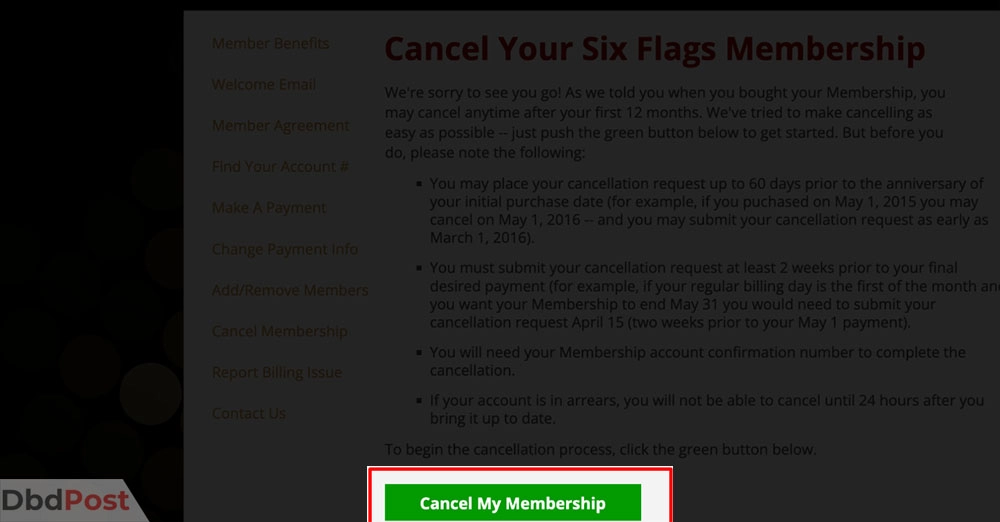inarticle image-how to cancel six flags membership-Canceling Six Flags Membership online step 2